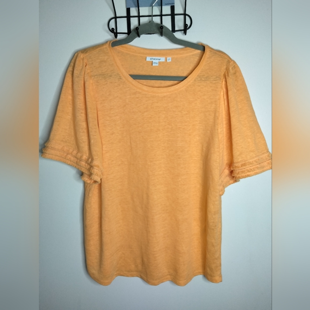 Chico's (Size 2/L/12) Orange Linen Stretch Round Neck Frayed Layer SS Blouse